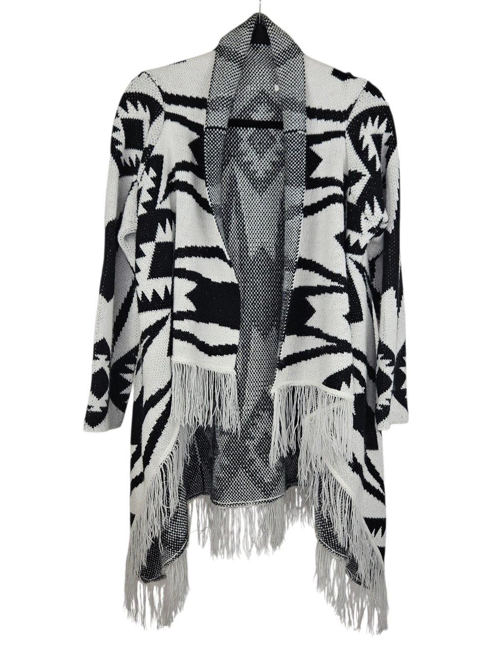 Boho Southwestern Fringe Knit Cardigan L Black White Long Sleeve Open Front Wrap